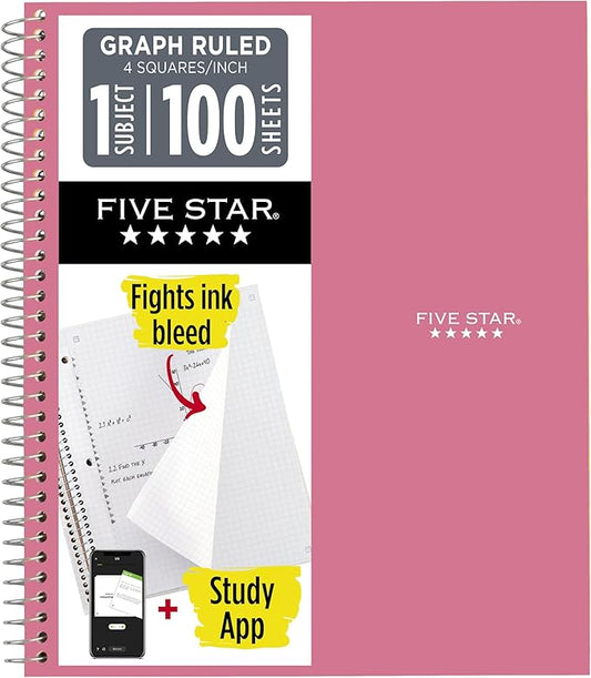 Five Star Spiral Notebook + Study App, 1 Subject, Graph Ruled Paper, 8-1/2" x 11", 100 Sheets, Prom Pink (620000R)