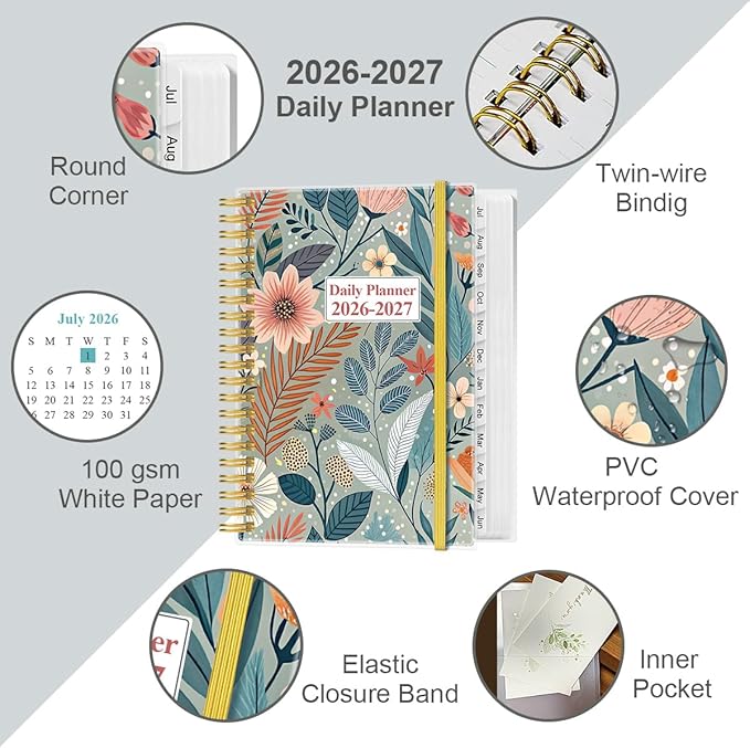 2026-2027 Daily & Monthly Planner - One Page Per Day, Daily Planner 2026 from July 2026 to June 2027, Planner 2026-2027 with 12 Monthly Tabs, 6.4" x 8.5", Flower-A