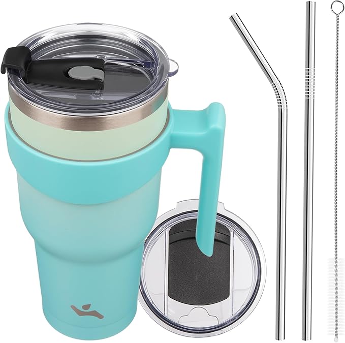 Konokyo 40 oz Tumbler with Handle and 2 Straw 2 Lid, Insulated Water Bottle Stainless Steel Vacuum Cup Reusable Travel Mug, Mint