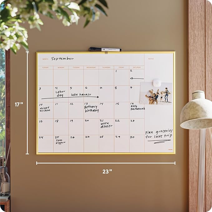 U Brands Magnetic Dry Erase Calendar White Board for Wall, 24" x 18", Dry Erase Board White Board Calendar with Gold Aluminum Frame, Includes a Magnet and a Marker