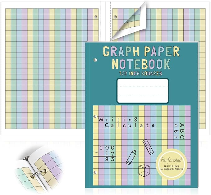 1 Pack Colored Graph Paper Notebook 8.5"x 11" Large Square Graph Paper for 3 Ring Binder 1/2 Inch Squares Math Grid Notebook 3 Hole Punch Graph Writing Paper for Kids School Dyslexia Dysgraphia