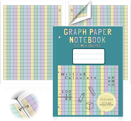1 Pack Colored Graph Paper Notebook 8.5"x 11" Large Square Graph Paper for 3 Ring Binder 1/2 Inch Squares Math Grid Notebook 3 Hole Punch Graph Writing Paper for Kids School Dyslexia Dysgraphia