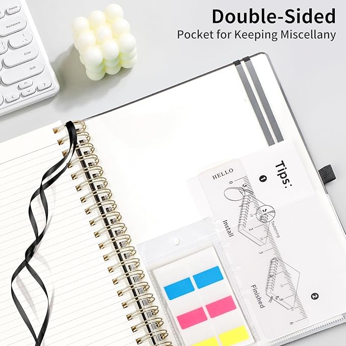 EMSHOI B5 College Ruled Spiral Notebook, Thick 300 Numbered Pages, 100GSM Ink-Proof PU Leather Hardcover Lay-Flat Lined Journal for Work Office School Writing, 7.48"x10.15", Black