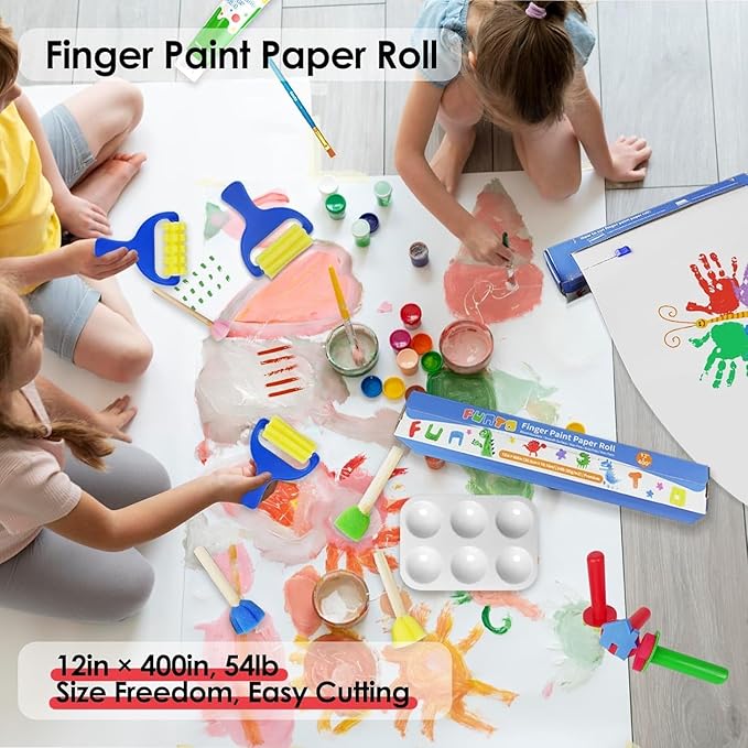 Funto Kids Washable Finger Paint Set, 25 PCS Non Toxic Art Painting Supplies for Baby, Includes Finger Paint Paper Roll, Brush Set, Arts Crafts for Toddlers Age 1-3