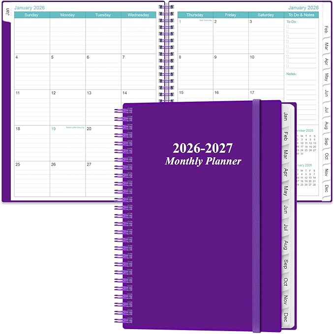 2026-2027 Monthly Planner - 15 Monthly Calendar, April 2026 - June 2027, Two Pages Per Month, 9" x11" Planner with Tabs, Strong Twin-Wire Binding, Inner Pocket, Purple