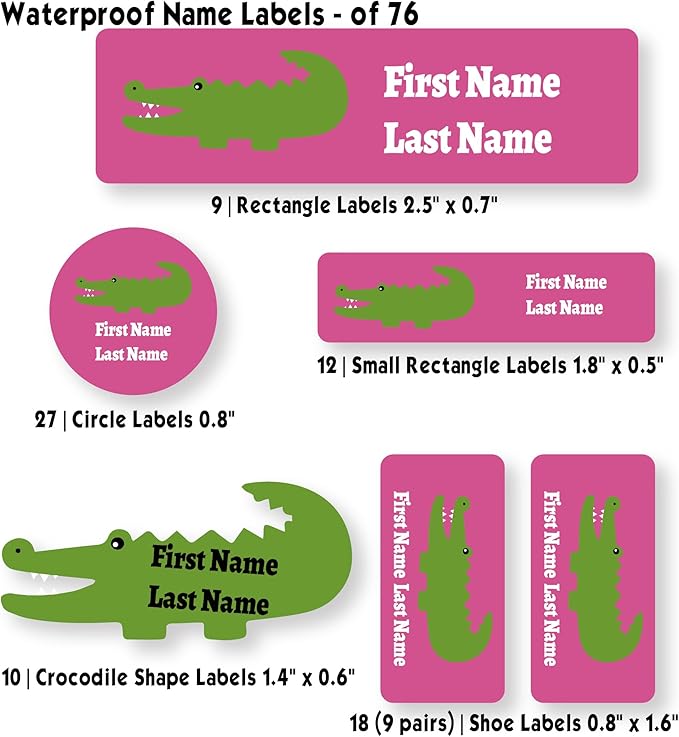 Personalized Kids Name Labels – Waterproof Custom Stickers for Daycare & School, Dishwasher & Laundry Safe (Crocodile - Pink)