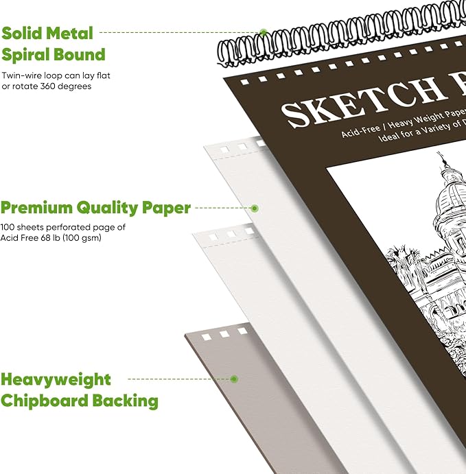 Soucolor 11" x 14" Large Sketchbook, 100 Sheets 68lb/100gsm Top Spiral Bound Sketch Book Pad, Acid Free Big Sketch Paper for Drawing, Illustration, Art Class