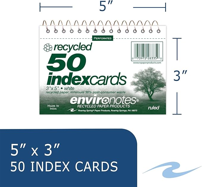 Roaring Spring Wirebound Spiral Bound Recycled Index Cards 3"x5", 50 Count, 100# White Paper, Narrow Ruled, Perforated, Blank on Back, Snag-proof (Pack of 1)