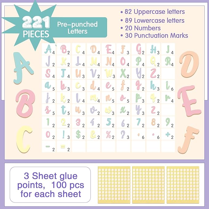 221 Pcs Pastel Bulletin Board Letters, Italic Alphabet Number Punctuation Symbol Combo Letter Cutouts, Pastel Classroom Decor for School Classroom Chalkboard Poster Bulletin Board Wall