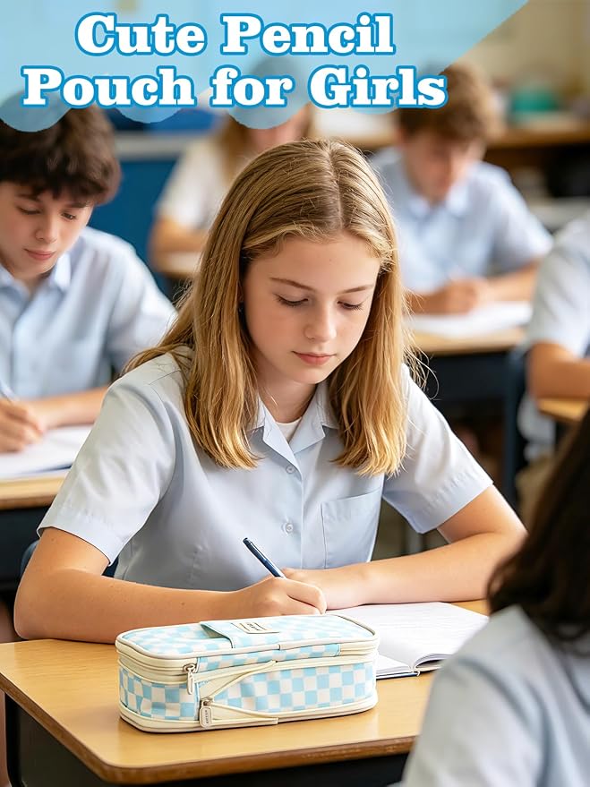 Bigmeta Gingham Expandable Pencil Case for Teens Girls - Light Blue | Zipper Gusset for Adjustable Capacity, Checkered Cute Pencil Pouch, Stationery Bag Box for Student Back to School Gifts