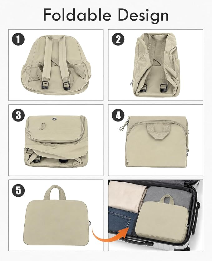 Foldable Backpack for Women, Lightweight Travel Backpack Purse Khaki | with Luggage Strap, Packable Causal Daypack, Chic Bookbag, Water-Resistant Gym School Backpack for Travel College Daily Use