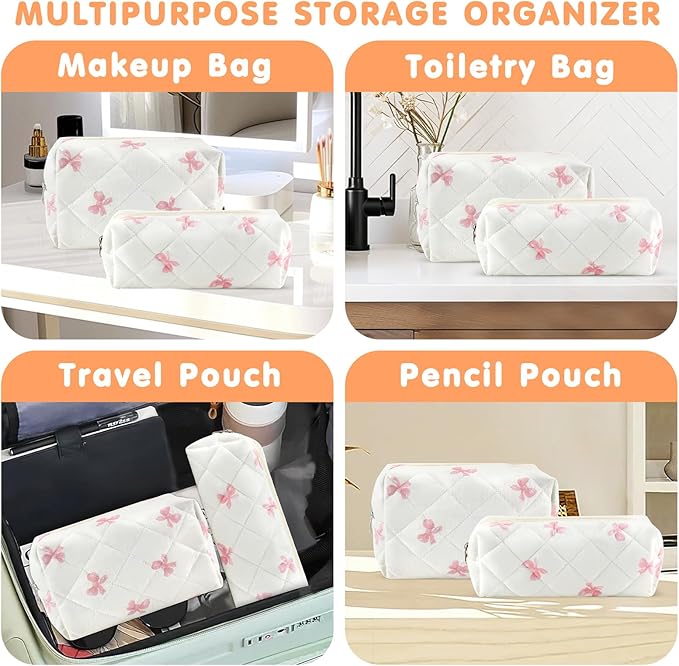 URSKYTOUS 2Pcs Cotton Quilted Makeup Bag for Women Small Coquette Cosmetic Bags Cute Zipper Pink Bow Makeup Pouch Aesthetic Portable Pencil Case Travel Toiletry Bag Trendy Cloth Skincare Bags