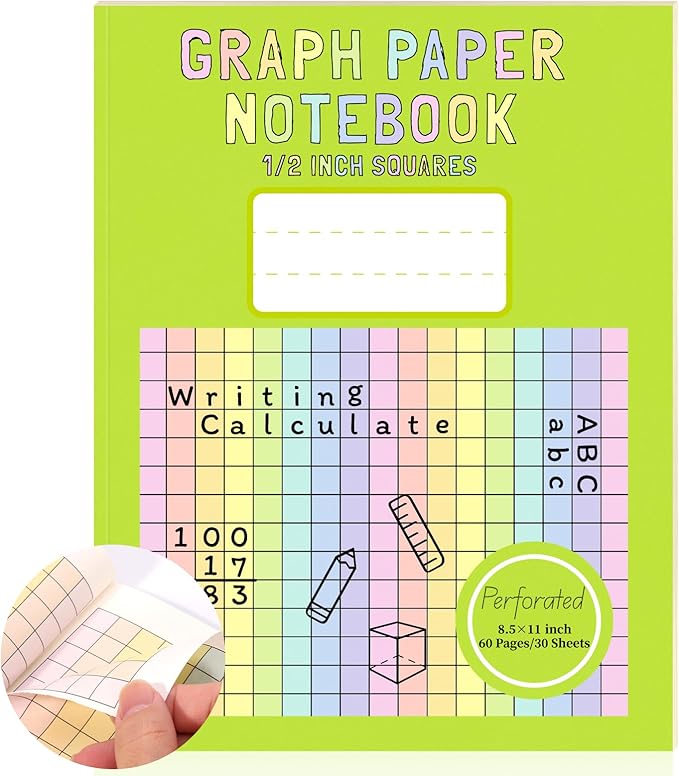 1 Pack 8.5×11 Colored Graph Paper Pad Math Notebook Graph Paper 1/2 Inch Squares Large Quad Ruled Grid Composition Notebook Colored Grid Paper Exercise for Kids School Dyslexia Dysgraphia 30 Sheets
