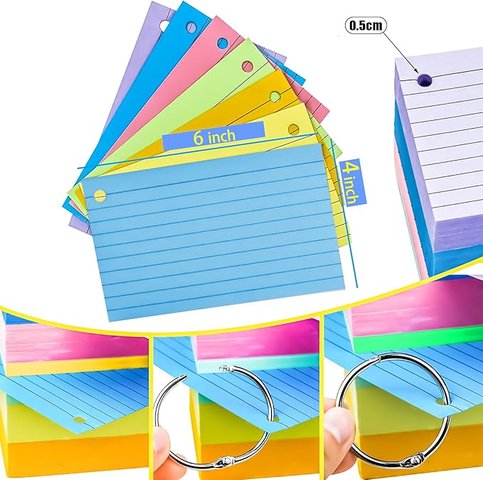 180Pcs Colored Index Cards 4x6 Inch Flash Cards with Rings Lined Note Card Flashcards, Colorful Ruled Card Pad Index Note Books 4 x 6 Notecards for Studying School Supply College Office