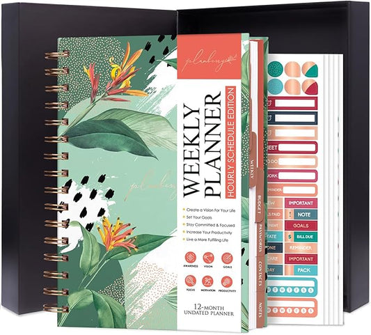 PLANBERRY Hourly Schedule Planner Premium – Undated Weekly Organizer with Time Slots & Monthly Budget – Time Management, Goal Setting, To-Do List & Habit Tracker –6.9″x8.5″(African Green)