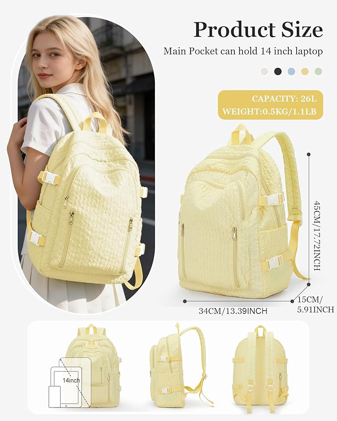 weradar Lightweight Middle School Bag For Teens Girls,Kawaii Backpack For College Students,Aesthetic Bookbag,Cute School Backpack For Women Casual Daypack(Yellow)
