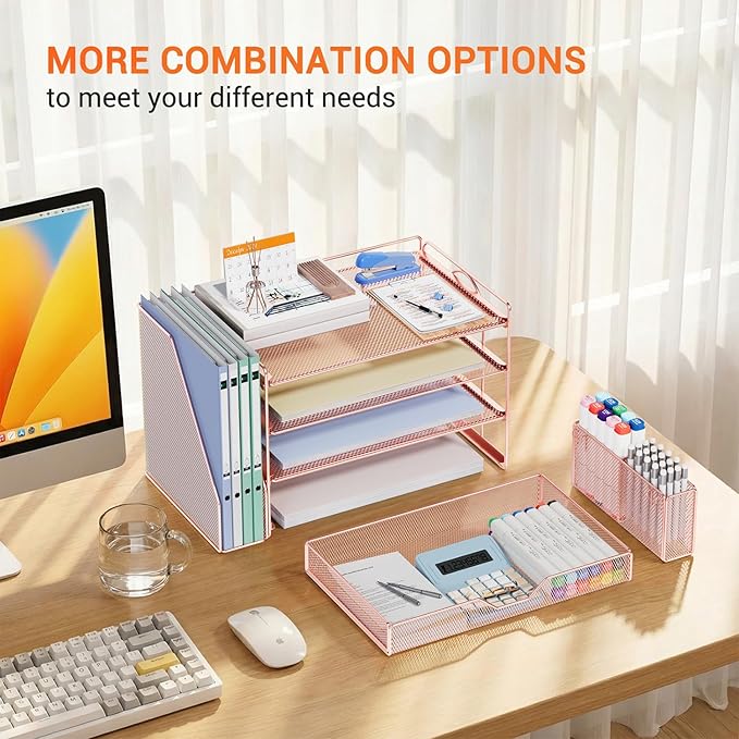 OPNICE Desk Organizer with Drawer & Pen Holder, Office Desk Accessories and Office Decor for Women, 4-Tier Paper Tray File Organizer for Home Office Workspace Supplies, Rose Gold