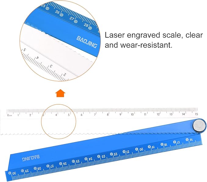 HARFINGTON Folding Straight Ruler 30cm Metric Aluminum Alloy Ruler with Angle Line & Wave Edge Geometric Measuring Tool for Children Architects Study Classroom Office, Blue