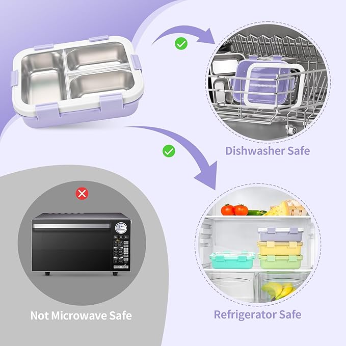 Kids Stainless Steel Lunch Box, 3 Compartments Leakproof Metal Bento Lunch Box, Containers with Silicone Lids for Office, Picnics, Dishwasher Safe, Purple