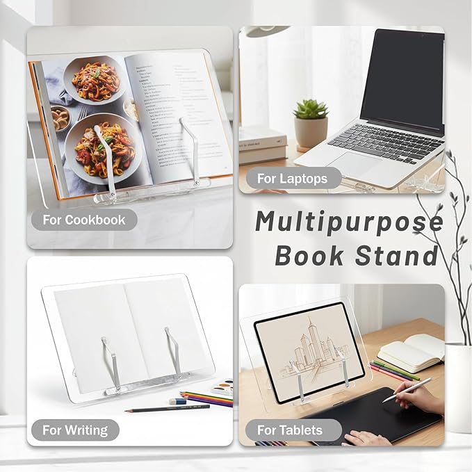 Adjustable Acrylic Book Stand for Reading, 13.3 x 9.4 Inch Multi-Angle Book Display Stand Transparent Foldable Books Holder with Page Clip for Books, Magazines, Cookbook, Document, Recipe