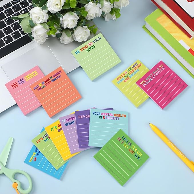 Yinder 24 Pcs Inspirational Sticky Notes Cute Motivational Sticky Notes Pad End of Year Employee Appreciation Gifts Bulk for Teacher Nurse Coworkers Office Supplies 3 x 3'' (Mental Health,Dark Color)