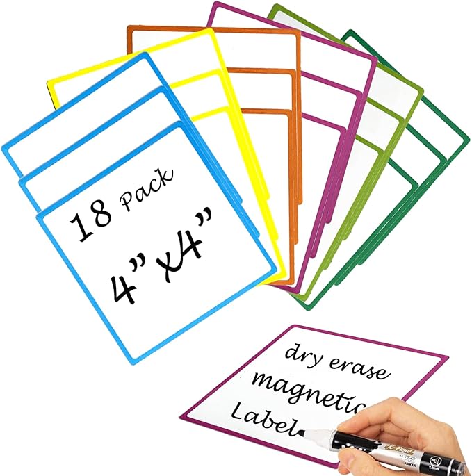 18 Packs, 4" x 4" Dry Erase Reusable Magnetic Sticky Notes, Edge Color Magnets Labels, Widely Use to Post Notes for Whiteboard, Fridge, Locker, Cabinet, Door - Office & Classroom Supplies