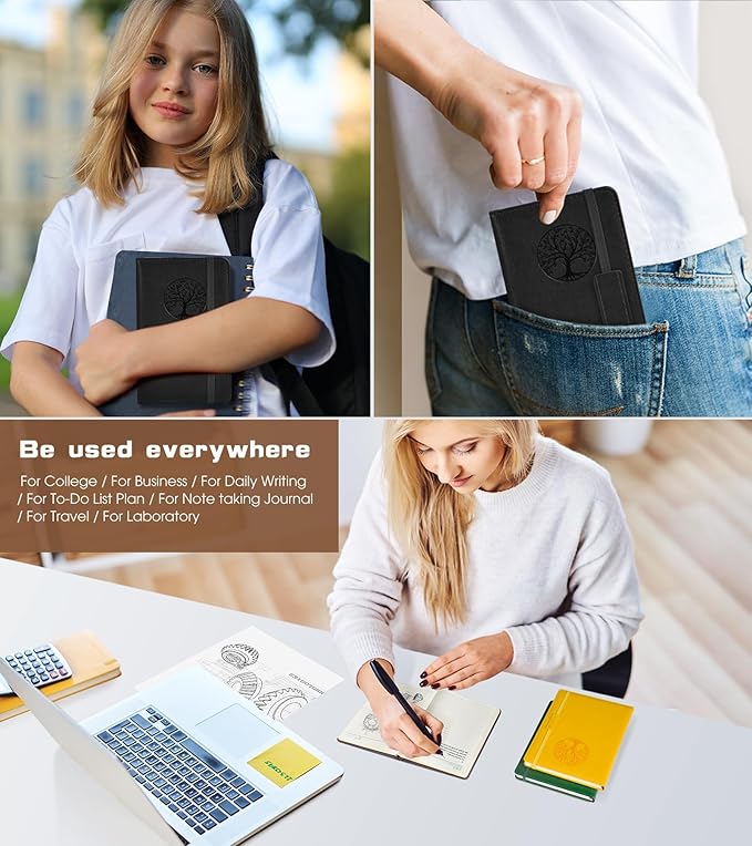 Biuwory Lined Pocket Journal Notebook for Women Men, 140 Pages A6 Leather Journals for Writing, Travel, Work, 3.7"×5.7" Mini Notebook, Hardcover Small Notebooks for Note Taking, Diary Notepad (Black)