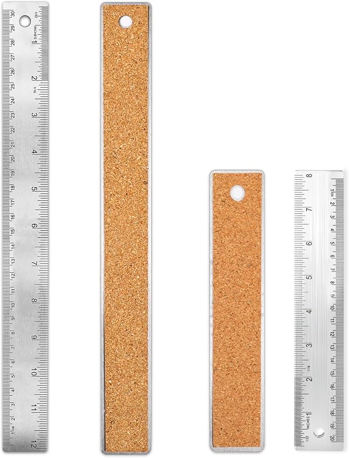 Stainless Steel Metal Ruler - 8 Inch & 12 Inch, Non-Slip, Cork Backed, Straight Edge, Inch & Centimeters for Students, School, Office, Drafting Tools