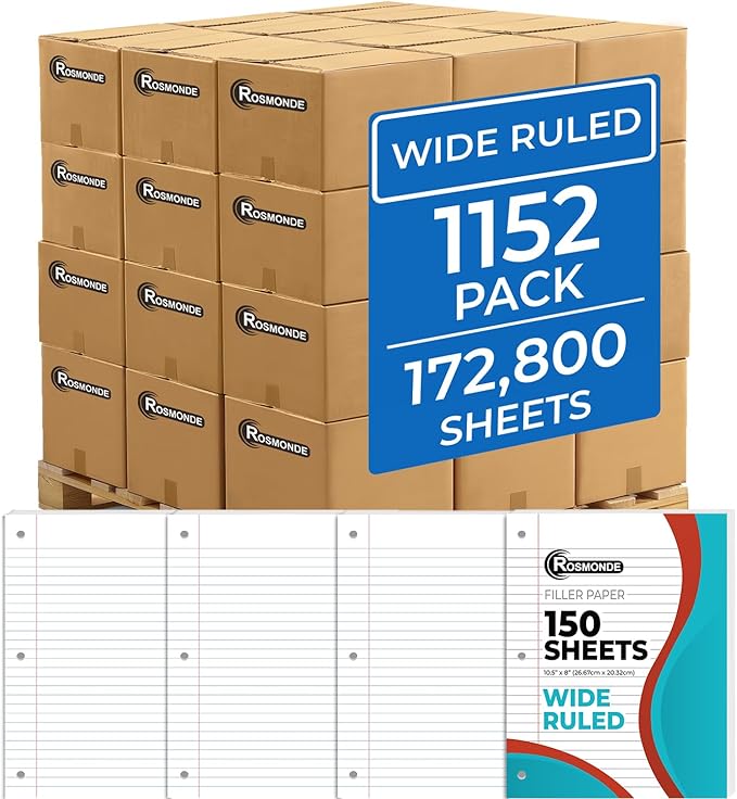 Rosmonde 1152 Pack (Pallet) Loose Leaf Paper Bulk, 172800 Sheets, Wide Ruled, 150 Sheets/Pack, 8 x 10.5", Pallet of Filler Paper, 3 Hole Punched, Thick Filler Paper, School & Office, 4-7 Days Transit