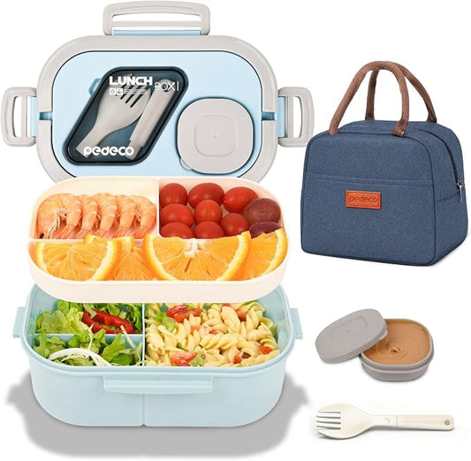 PEDECO Blue Bento Box with Bag, 2-Tier Stackable with Utensils & Sauce Box | 3 compartments prevent food mixing,Portable sauce pod included,Microwave safe,BPA-free, for adults, kid, work, travel,pinic