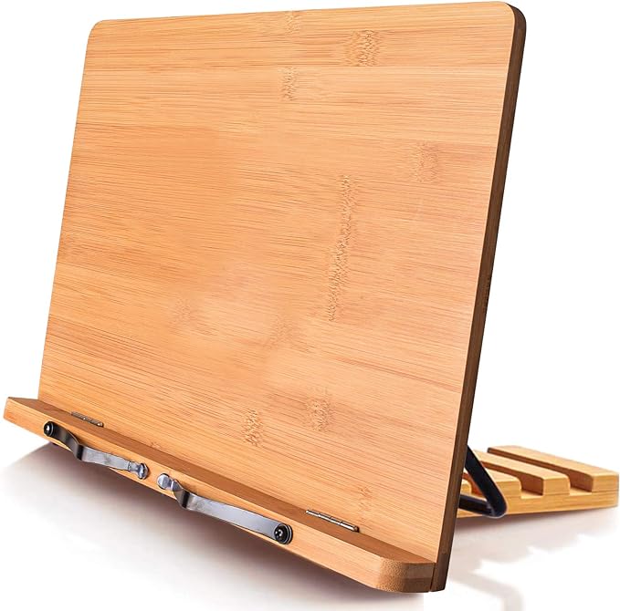 wishacc Book Stand XL-Large Size 15.4" x 11.0" Main Board-Adjustable Foldable Book Holder with Page Holder Clips - Holds Cookbooks, Receipe Books, Textbooks, Tablets, Laptops, Music Books, Documents