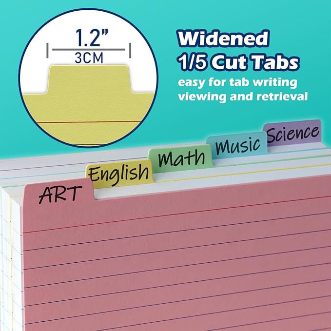 100 Pack Tabbed Index Cards 4x6 Lined Index Card Dividers with Tabs 4" x 6", Colored, 220 GSM Thick Paper