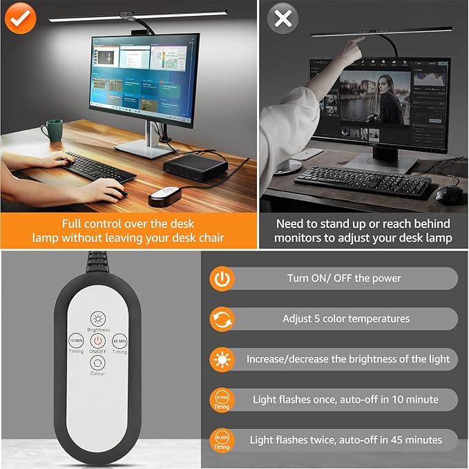 ShineTech LED Desk Lamp, 31.5" Ultra Wide Double Head Architect Light with Clamp, 50 Adjustable Lighting Modes, Eye-Caring Bright Task Lamp for Home Office, Large Monitor, Memory & Auto-Off Timer