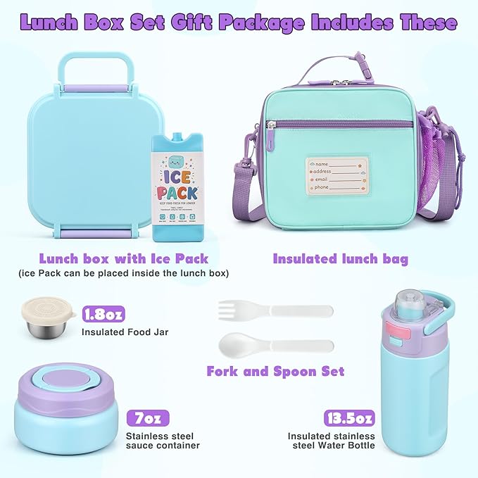 Bento Lunch Box for Kids with 7oz Soup Thermo,Insulated Stainless Steel Kids Water Bottle with Straw and Insulated Lunch Bag,Leak-Proof Lunch Food Container with Ice Pack for School (Purple)