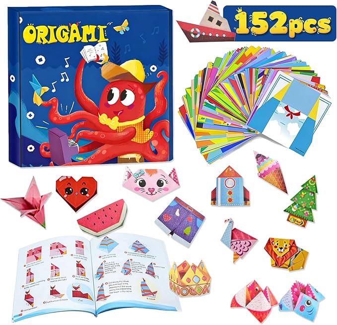 Origami Paper Kit 6x6 Inch, Origami Kit with Guide Book, Beginner Craft Kits for Kids Ages 5-8 8-12, Art & Craft Supplies for Classroom Road Trip Activities, Birthday Children's Day DIY Gift (152pcs)