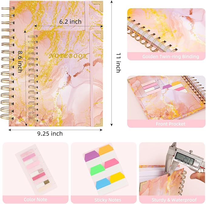 A4 Spiral Notebooks for Work, 300 Pages Lined Spiral Journal Notebook, 5 Subject College Ruled Journals for Writing, 11”x9.25''Journaling Notebooks for School Office Supplies (Pink&Purple)