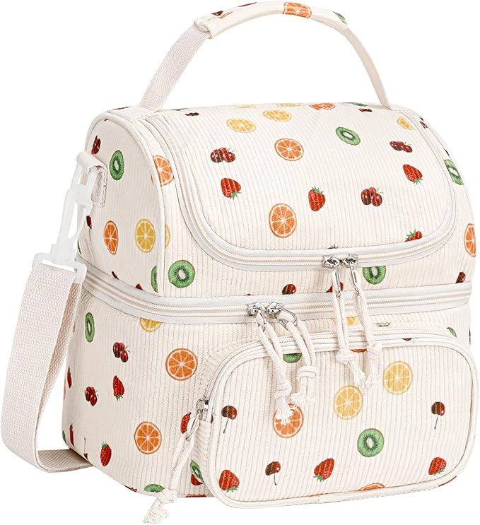 HowFly Lunch Bag for Women Insulated Lunch Boxes Corduroy Resuable Double Deck Lunch Box for Girls Teens Kigs Boys Portable Thermal Cooler Bags for School Work, Fruits