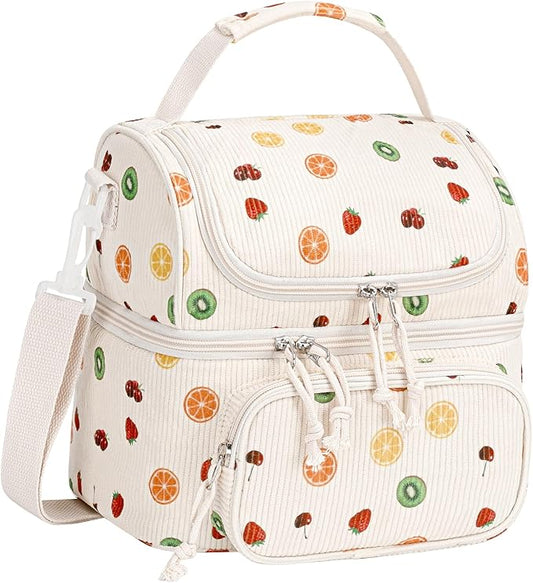HowFly Lunch Bag for Women Insulated Lunch Boxes Corduroy Resuable Double Deck Lunch Box for Girls Teens Kigs Boys Portable Thermal Cooler Bags for School Work, Fruits