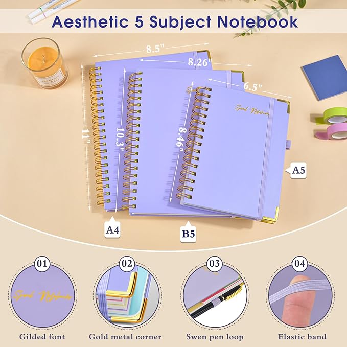 Hardcover Spiral Notebooks for Work, 5 Subject Notebook College Ruled with Dividers Tabs, Lined Organizer Notebook Journal for women, 8"x10" Large B5 Notebooks for School Note taking, 240 Pages Purple