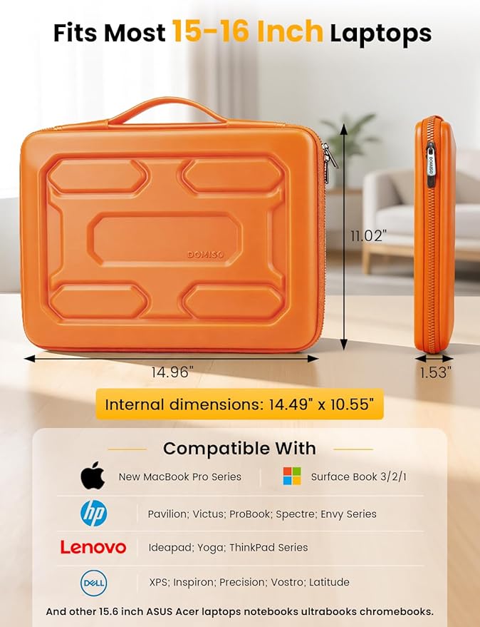 DOMISO Laptop Hard Case 15-16 inch Waterproof Shockproof Hard Shell Laptop Sleeve with Handle & Storage Pocket, Compatible with MacBook, HP, Dell, Orange