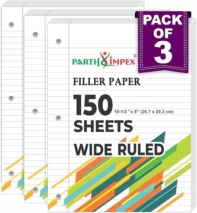PARTH IMPEX Loose Leaf Paper, 450 Sheets, 3 Pack, 56 gsm, 8" x 10.5" Wide Ruled Filler Notebook Paper, 3 Hole Punched, 150 Sheets/Pack, Bulk Loose Leaf for 3 Ring Binders, White