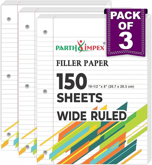 PARTH IMPEX Loose Leaf Paper, 450 Sheets, 3 Pack, 56 gsm, 8" x 10.5" Wide Ruled Filler Notebook Paper, 3 Hole Punched, 150 Sheets/Pack, Bulk Loose Leaf for 3 Ring Binders, White