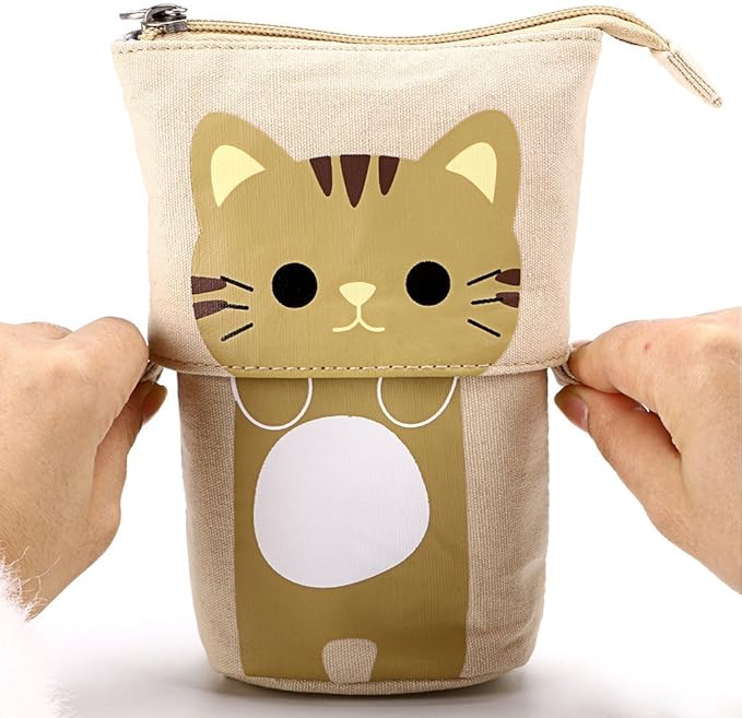 Telescopic Pencil Pouch Standing Pen Holder Cute Pencil Bags Stand Up Pen Case Cartoon Pencil/Pens Storage Box Canvas+PU Stationery Organizer Makeup Bag with Zipper Closure (Khaki)