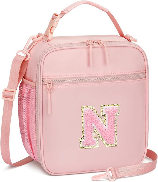 Initial Insulated Lunch Bag for Girls Kids, Back to School Gift, Reusable Leak-proof Lunch Box with Adjustable Strap for School Daycare Travel Picnic (Pink,N)