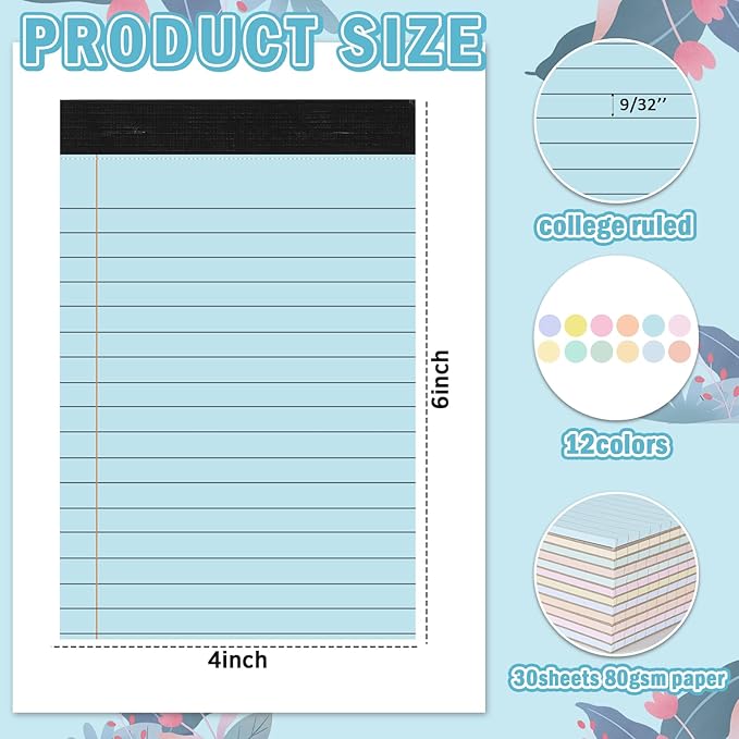 12 PCS 4" x 6" Small Legal Pad College Ruled Lined Mini Legal Pad 80 GSM Pastel Colored Memo Notepad 30 Sheets Memo & Scratch Notepad for Home Office School Work Business To Do List Grocery List