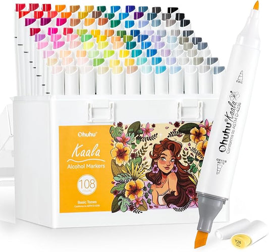 Ohuhu Alcohol Markers 108 Colors: Fine & Slim Broad Chisel Dual Tips Alcohol-based Refillable Art Markers for Artist Adult Coloring Book Illustration Drawing Manga 108 Set- Kaala