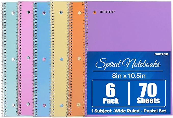 Mintra Office Spiral Notebooks, Wirebound, Journals for School, Work, Business, Aesthetic Stationery, Writing Pads, Teacher & Student Supplies (6, Pastel, Wide)
