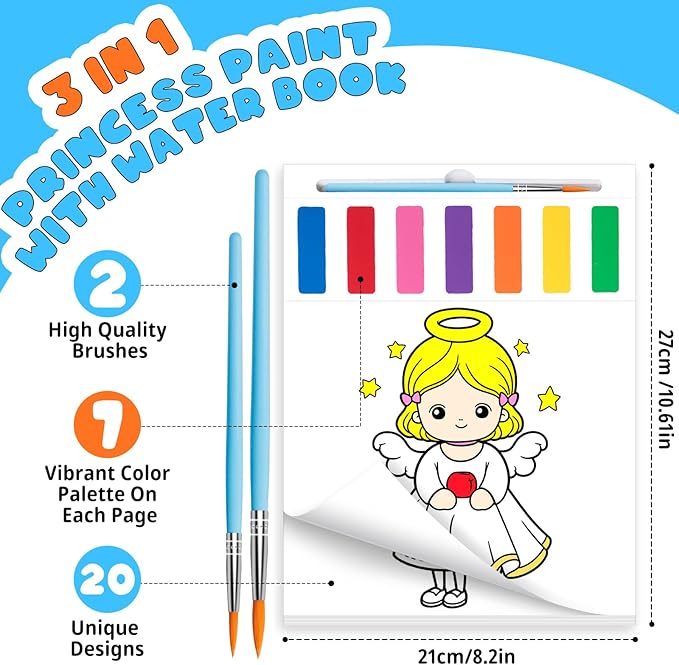 Fenmay Paint with Water Books for Kids, Mess Free Coloring Books with 2 Premium Brushes for Kids Ages 3-5, 4-8, Arts and Crafts Drawing Activities Birthday Gift (Princess)