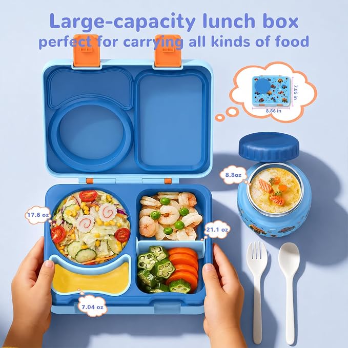 Kids Insulated Lunch Box with 8OZ Thermo Food Jar | Leakproof Bento Box with Ice Pack Sauce Cup Utensils Removable Tray & Dividers for School Daycare Travel, Trucks