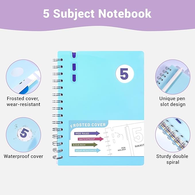 FLYING EAGLE 2 Pcs 5 Subject Notebook Wide Ruled, Small Spiral Notebook 5x7 for Work, 408 Pages Lined Journal with Removable Dividers, Small Notebooks for Work, Teal Blue